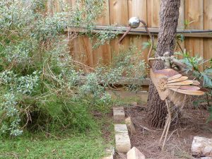 metal bird sculpture in Lara's garden