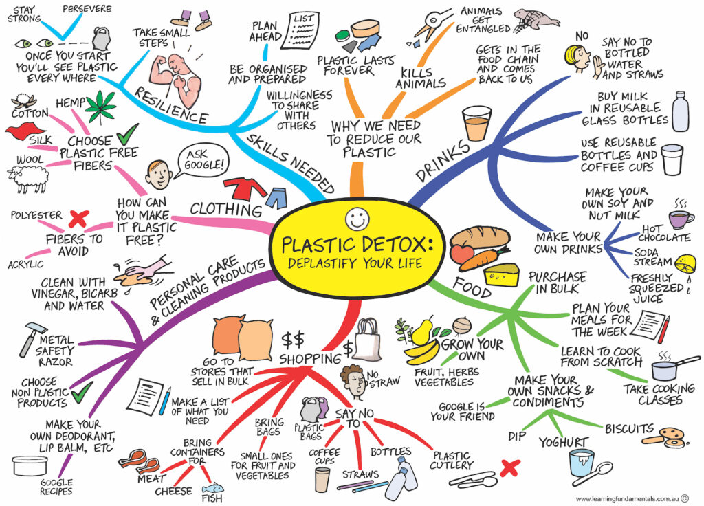 a mind map with the words: Plastic Detox surrounded by numberous images and words on what you can do