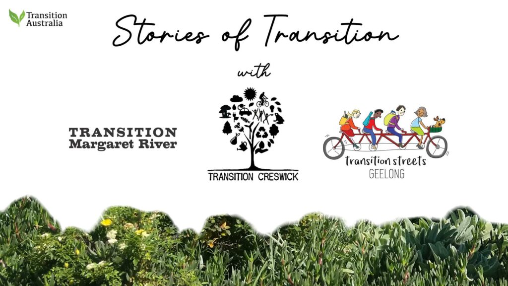Nov 2022 Stories of Transition event header announcing Transition Margaret River, Transition Creswick, and Transition Streets Geelong.
