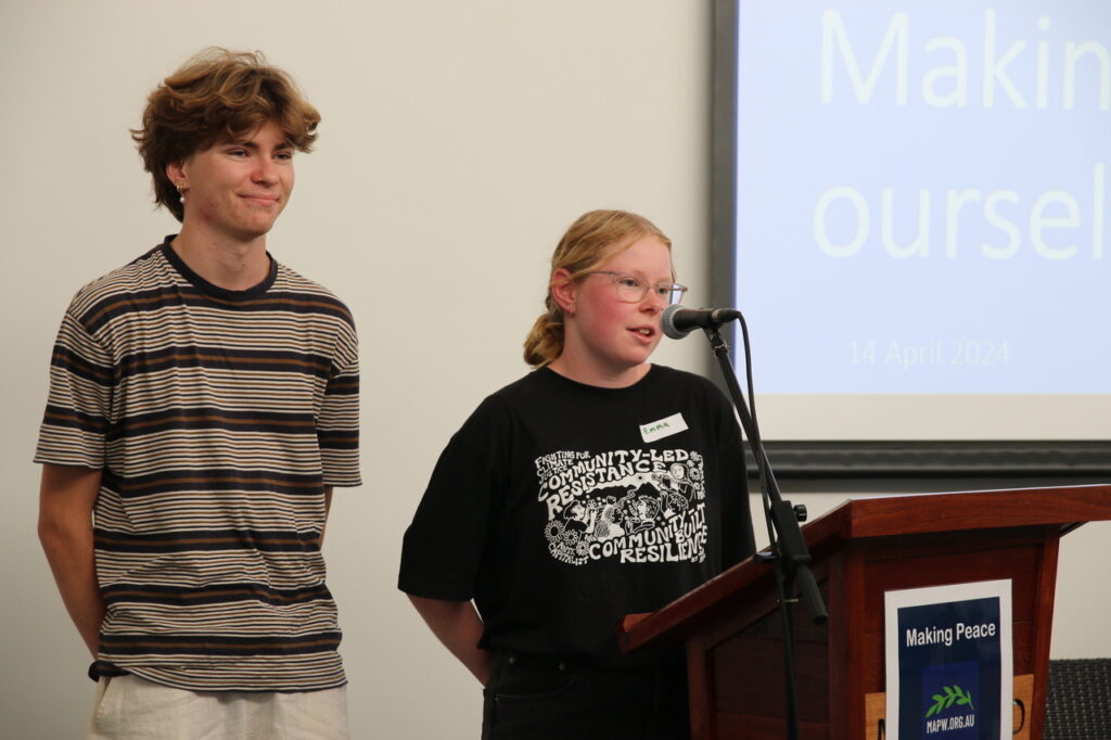 Young presenters at Making Peace, Will Dallimore (16) and Emma Heyink (17) from the Margaret River Youth Climate Collective