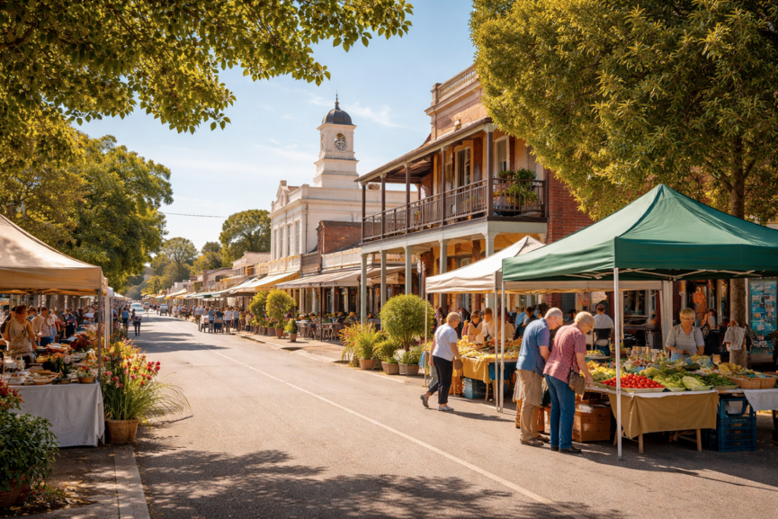 Image of a street with human-scale buildings and street market stalls