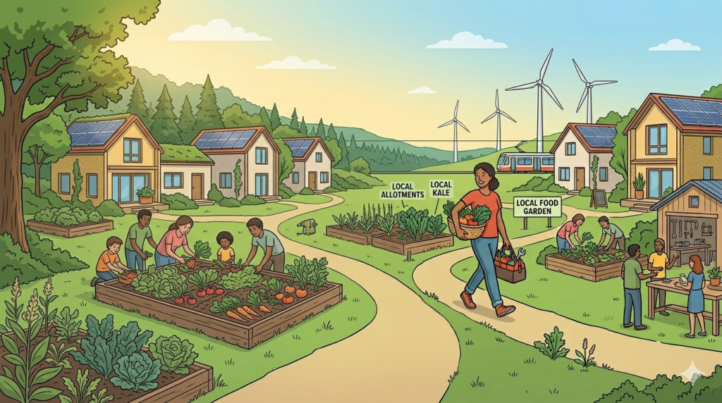 image of a person walking along the path in an eco-village with people working in the veggie garden and wind turbines seen on the skyline