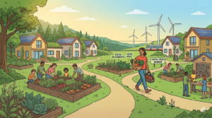 image of a person walking along the path in an eco-village with people working in the veggie garden and wind turbines seen on the skyline