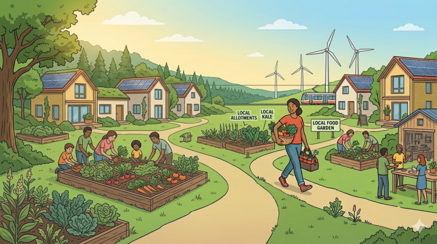 image of a person walking along the path in an eco-village with people working in the veggie garden and wind turbines seen on the skyline